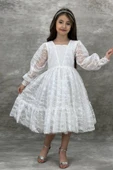 Kız Çocuk Kolları Transparan Yakası İnci Boncuklu Etek Ucu Fırfırlı Beyaz Abiye thumbnail 1