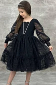 Kız Çocuk Kolları Transparan Yakası İnci Boncuklu Etek Ucu Fırfırlı Siyah Abiye thumbnail 4
