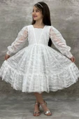 Kız Çocuk Kolları Transparan Yakası İnci Boncuklu Etek Ucu Fırfırlı Beyaz Abiye thumbnail 5