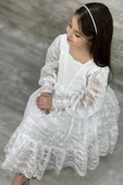 Kız Çocuk Kolları Transparan Yakası İnci Boncuklu Etek Ucu Fırfırlı Beyaz Abiye thumbnail 3