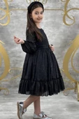 Kız Çocuk Sıfır Yaka Kolları Transparan Eteği Tüllü Simli Siyah Abiye thumbnail 3