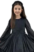 Kız Çocuk Sıfır Yaka Kolları Transparan Eteği Tüllü Simli Siyah Abiye thumbnail 6