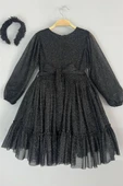 Kız Çocuk Sıfır Yaka Kolları Transparan Eteği Tüllü Simli Siyah Abiye thumbnail 9