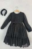 Kız Çocuk Sıfır Yaka Kolları Transparan Eteği Tüllü Simli Siyah Abiye thumbnail 8