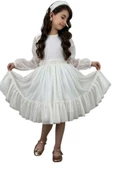 Kız Çocuk Sıfır Yaka Kolları Transparan Eteği Tüllü Simli Beyaz Abiye thumbnail 1