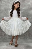 Kız Çocuk Sıfır Yaka Kolları Transparan Eteği Tüllü Simli Beyaz Abiye thumbnail 5