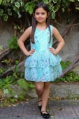 Kız Çocuk Çicek Baskılı Eteği Katkat Tüllü  Sıfır Kollu Turkuaz Elbise thumbnail 1