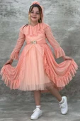 Kız Çocuk Güpür Detaylı Yakası Fırfırlı Puantiyeli Eteği Kabarık Tüllü Somon Abiye thumbnail 4