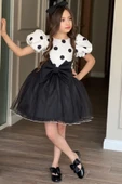 Kız Çocuk Balon Kollu Puantiyeli Eteği Kabarık Tüllü Fiyonk Detaylı Siyah Elbise 2-12 Yaş thumbnail 6