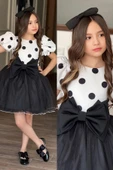 Kız Çocuk Balon Kollu Puantiyeli Eteği Kabarık Tüllü Fiyonk Detaylı Siyah Elbise 2-12 Yaş thumbnail 7