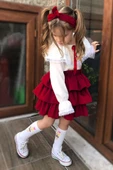 Kız Çocuk Üstü Volanlı Dantel İşlemeli Fırfırlı Bordo Etekli Takım thumbnail 10