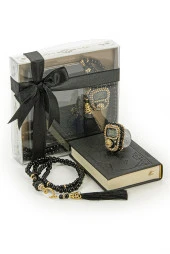 İnci Tesbih ve Zikirmatikli Siyah Medine Hatlı Kuranı Kerim Seti Dini Hediyelik thumbnail 1