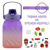 BottleBoss Kare Spor Model Taşıma Askılı Pipetli Motivasyon Matarası 1,5 Litre Sticker HEDİYELİ Mor - 2