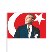 Atatürklü Türk bayrağı 30x45 cm Raşel Kumaş - Sopalı- 10 adet Model 1 - 2