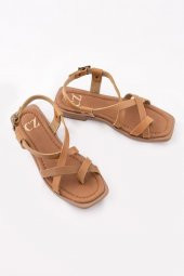 Hakiki Deri Kadın Parmak Arası Sandalet Çapraz Bantlı Rahat thumbnail 3