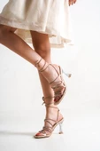 Nunush Ten Rengi Şeffaf Bantlı Bilekten Taş Bağcıklı Sandalet Topuklu Abiye Ayakkabı - 1