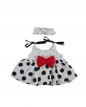 Kız Bebek Müslin Kumaş Yazlık Fiyonk Detaylı Puan Modelli Elbise ve Bandana Set - 1
