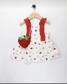 Kız Bebek Keten Fırfır Askılı Çilek Model Elbise ve Sahte Çilek Modelli Çanta Takımı - 1