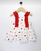 Kız Bebek Keten Fırfır Askılı Çilek Model Elbise ve Sahte Çilek Modelli Çanta Takımı - 3