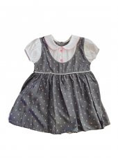 Kız Bebek Pamuklu Gri Renk İşlemeli Gömlek Yakalı Kısa Kollu Puantiyeli Elbise - 1