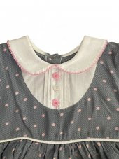 Kız Bebek Pamuklu Gri Renk İşlemeli Gömlek Yakalı Kısa Kollu Puantiyeli Elbise - 2