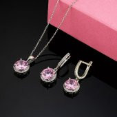 Gümüş Pazarım Pembe Zirkon Yuvarlak Kesim Gümüş Set - 1