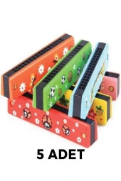 Ahşap Mızıka Renkli Desenli Çocuk Mızıka – Renkli Mızıka – 16 Delikli Çift Sıralı Mızıka 5 Adet - 1