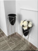 Metal 2'li Metal Gümüş Ayaklı Dekoratif Siyah Saksı Çiçeklik Vazo FLYON-HSN102 - 2