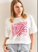 Baskılı Basic Bisiklet Yaka Örme T-Shirt Önü Pembe - 3