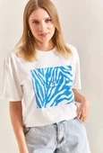 Baskılı Basic Bisiklet Yaka Örme T-Shirt Önü Mavi - 2