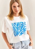 Baskılı Basic Bisiklet Yaka Örme T-Shirt Önü Mavi - 3