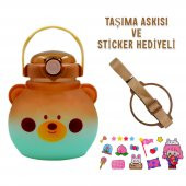 BottleBoss Pipetli Taşıma Askılı Sevimli Matara 1300 Ml Sticker HEDİYELİ Kahverengi - 2