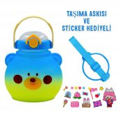 BottleBoss Pipetli Taşıma Askılı Sevimli Matara 1300 Ml Sticker HEDİYELİ Mavi - 2