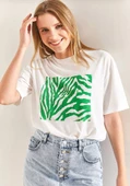 Baskılı Basic Bisiklet Yaka Örme T-Shirt Önü Yeşil - 3