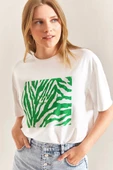 Baskılı Basic Bisiklet Yaka Örme T-Shirt Önü Yeşil - 2