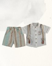 Erkek Bebek Beyaz Pamuklu Kısa Kollu Gömlek ve Keten Askılı Şort Yazlık 2 Parça Takım - 1