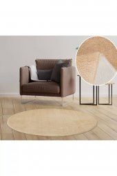 Orkide Home Modern Dekoratif Halı Jel Kaymaz Taban Peluş Puffy Yuvarlak Bej Cappuccino  BEJ 150 x 150 - 1