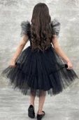 Kız Çocuk Gömlek Yaka Göğsü Ve Kolları Tül Detaylı Wednesday Siyah Elbise thumbnail 5