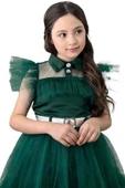 Kız Çocuk Gömlek Yaka Göğsü Ve Kolları Tül Detaylı Wednesday Yeşil Elbise - 3