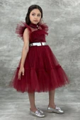 Kız Çocuk Gömlek Yaka Göğsü Ve Kolları Tül Detaylı Wednesday Bordo Elbise thumbnail 5