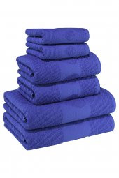 Sudamlası Desenli 100 Pamuk Banyo Havlu Seti 6 Adet, 2 Banyo Havlusu, 2 El Havlusu, ve 2 Yüz Havlusu, -Comfort- Mavi, - 1