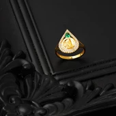 14 Ayar Yeşil Taşlı Damla Tuğra Altın Yüzük thumbnail 3