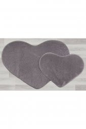 Orkide Home Modern Dekoratif Halı Jel Kaymaz Taban Peluş Puffy Kalp Model Gri Paspas Takımı 70x100-7 - 1