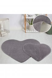 Orkide Home Modern Dekoratif Halı Jel Kaymaz Taban Peluş Puffy Kalp Model Gri Paspas Takımı 70x100-7 - 3