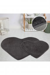 Orkide Home Modern Dekoratif Halı Jel Kaymaz Taban Peluş Puffy Kalp Model Antrasit  Paspas Takımı 70 - 1