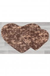 Orkide Home Modern Dekoratif Halı Jel Kaymaz Taban Peluş Puffy Kalp Model Kahverengi  Paspas Takımı - 2