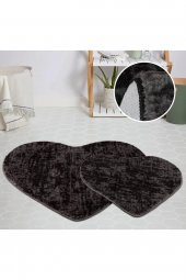 Orkide Home Modern Dekoratif Halı Jel Kaymaz Taban Peluş Puffy Kalp Model Gri Siyah  Paspas Takımı 7 - 1