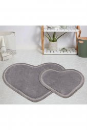 Orkide Home Modern Dekoratif Halı Jel Kaymaz Taban Peluş Puffy Kalp Model GRİ Saçaklı Paspas Takımı - 1