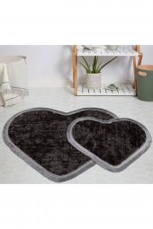 Orkide Home Modern Dekoratif Halı Jel Kaymaz Taban Peluş Puffy Kalp Model SİYAH GRİ Saçaklı Paspas T - 1