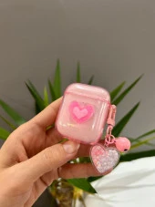 Airpods 2.Nesil Uyumlu Simli Pembe Kalp Tasarımlı Love Kılıf - 2